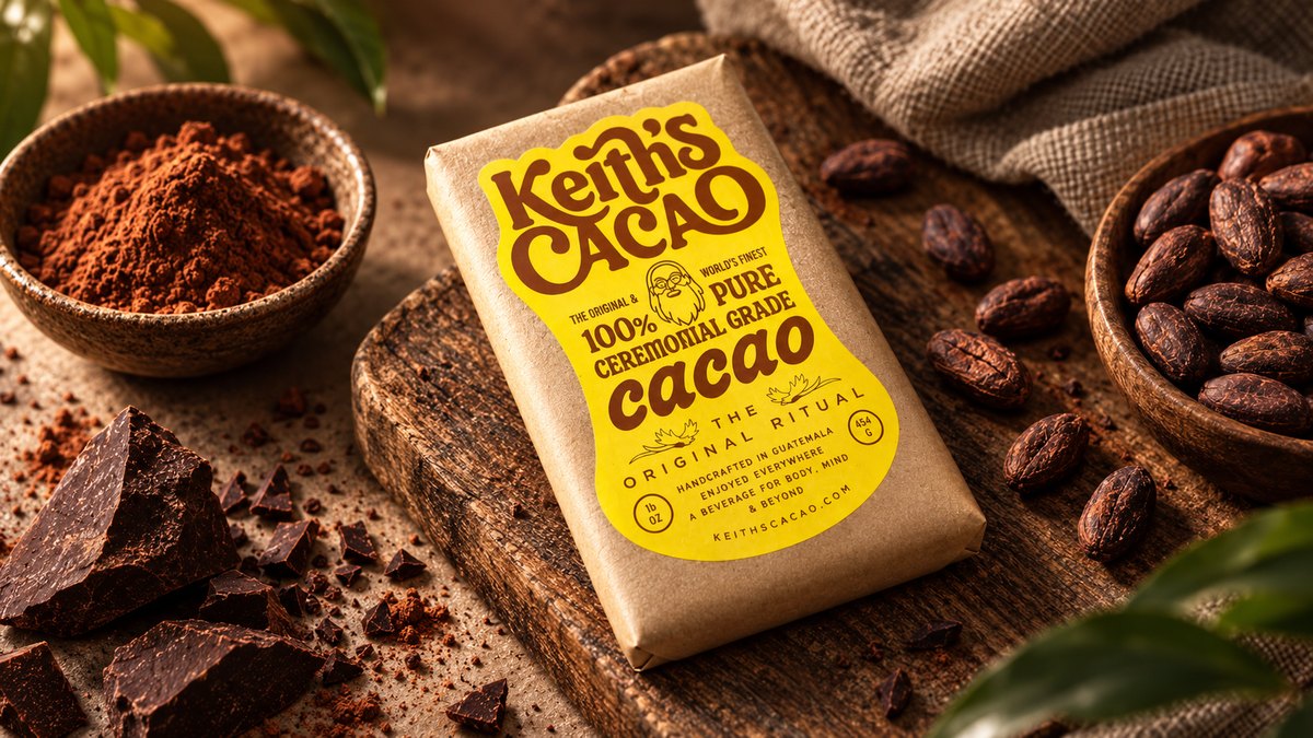 Bloque de Keith's Cacao de 454 g sobre una tabla de madera, con granos y cacao troceado alrededor