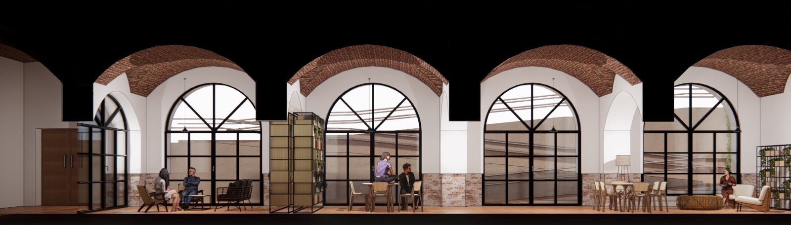 Interior con arcos, render del proyecto